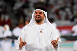 Emirati singer Hussain Al Jassmi performs during the opening ceremony for the 2019 AFC Asian Cup football competition prior to the game between United Arab Emirates and Bahrain at the Zayed sports city stadiuam in Abu Dhabi on January 05, 2019. (Photo by Khaled DESOUKI / AFP)        (Photo credit should read KHALED DESOUKI/AFP via Getty Images)