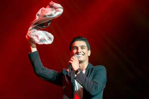 ABU DHABI, UNITED ARAB EMIRATES - NOVEMBER 20: Mohammed Assaf performs at a concert during the Abu Dhabi Formula One Grand Prix on November 20, 2014 in Abu Dhabi, United Arab Emirates. (Photo by Cedric Ribeiro/Getty Images)