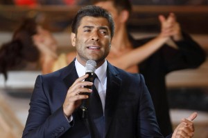 Lebanese singer Wael Kfoury performs during the Miss Lebanon 2009 beauty pageant in Adma, north of Beirut, late on June 26, 2009. Martine Indraous, 18, won the title followed by 1st runner-up Mariana Sibaaly and 2nd runner-up Celene Hassoun. AFP PHOTO/JOSEPH BARRAK (Photo credit should read JOSEPH BARRAK/AFP via Getty Images)